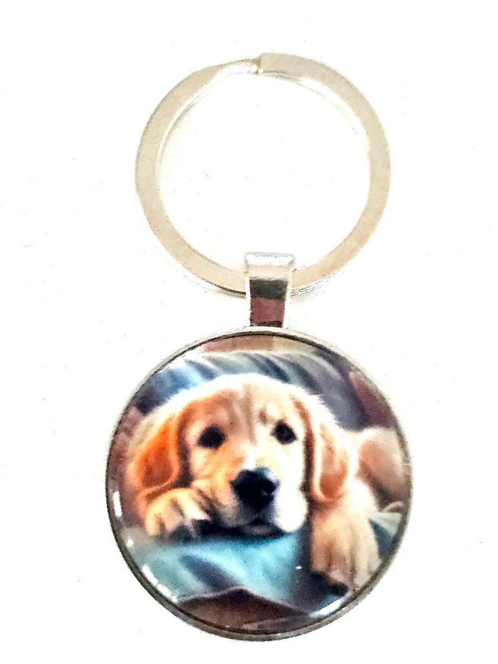 Golden Retriever Puppy Keychain Unisex Glass Cabochon Silver Dog Lover Gift